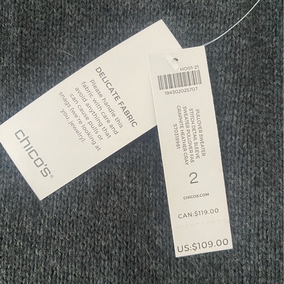 Chico’s Cashmere Wool Blend Glitter Stitch Detail Sweater Bell Sleeve Gray Sz L - Picture 4 of 6